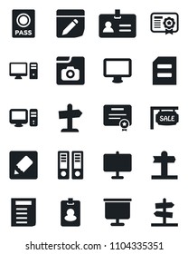 Set of vector isolated black icon - passport vector, identity, office binder, document, signpost, monitor, notes, photo gallery, presentation board, sale, pc, pass card, certificate, guidepost