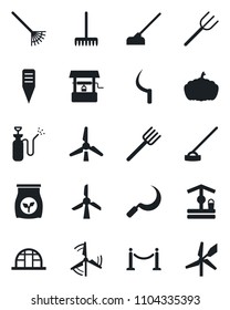 Set of vector isolated black icon - fence vector, farm fork, rake, well, hoe, sickle, plant label, pumpkin, greenhouse, garden sprayer, fertilizer, windmill