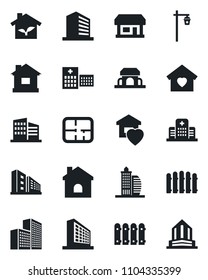 Set of vector isolated black icon - office building vector, fence, house, garden light, hospital, store, plan, sweet home, cafe, eco