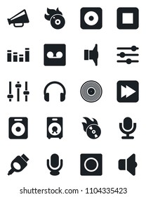 Set of vector isolated black icon - vinyl vector, flame disk, speaker, loudspeaker, equalizer, microphone, headphones, stop button, fast forward, rec, hdmi, tuning, record, sound