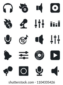 Set of vector isolated black icon - vinyl vector, flame disk, microphone, speaker, settings, equalizer, headphones, play button, rec, tuning, bell, record, music, sound