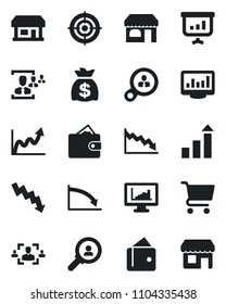 Set of vector isolated black icon - shop vector, growth statistic, money bag, crisis graph, store, monitor statistics, hr, target, consumer search, wallet, cart, presentation, storefront