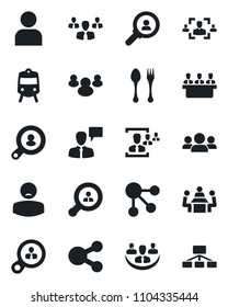 Set of vector isolated black icon - spoon and fork vector, train, speaking man, patient, group, user, company, hr, meeting, client search, consumer, social media, hierarchy