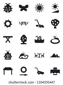 Set of vector isolated black icon - cafe vector, sun, lawn mower, butterfly, lady bug, pond, picnic table, brightness, pool, fruit tree, mountains, restaurant