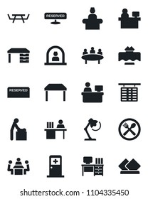 Set of vector isolated black icon - baby room vector, reception, flight table, medical, desk, meeting, manager place, picnic, lamp, restaurant, cafe, reserved, serviette