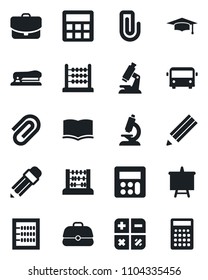 Set of vector isolated black icon - airport bus vector, book, calculator, graduate, abacus, presentation board, microscope, paper clip, pencil, stapler, case