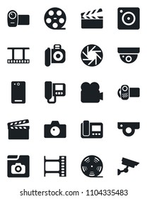 Set of vector isolated black icon - camera vector, clapboard, film frame, reel, video, phone back, mobile, photo gallery, web, intercome, surveillance