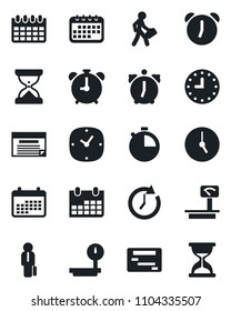 Set of vector isolated black icon - alarm clock vector, calendar, heavy scales, stopwatch, manager, schedule, sand