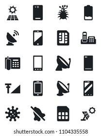 Set of vector isolated black icon - satellite antenna vector, mobile phone, virus, cell, low battery, back, sim, mute, cellular signal, office, sun panel