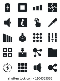 Set of vector isolated black icon - package vector, sorting, settings, touch screen, stop button, menu, folder, charge, application, pen, sound, information, social media