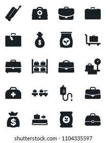 Set of vector isolated black icon - suitcase vector, baggage conveyor, trolley, larry, luggage storage, scales, case, money bag, fertilizer, doctor, dropper