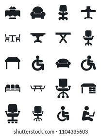 Set of vector isolated black icon - cafe vector, waiting area, disabled, office chair, desk, picnic table, cushioned furniture, restaurant, man with notebook