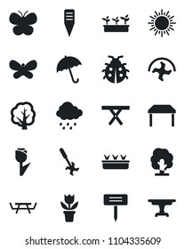 Set of vector isolated black icon - umbrella vector, sun, flower in pot, ripper, tree, butterfly, lady bug, seedling, rain, plant label, picnic table, tulip