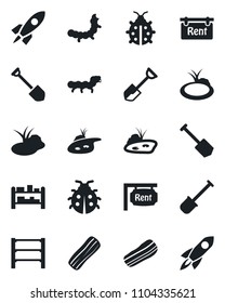 Set of vector isolated black icon - job vector, shovel, lady bug, caterpillar, pond, rack, rent, bacon, rocket