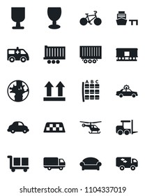 Set of vector isolated black icon - taxi vector, waiting area, alarm car, fork loader, helicopter, seat map, ambulance, bike, earth, truck trailer, delivery, sea port, fragile, cargo, up side sign