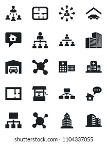 Set of vector isolated black icon - hierarchy vector, well, molecule, hospital, office building, garage, plan, home message