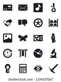 Set of vector isolated black icon - credit card vector, luggage storage, mail, bulb, butterfly, microscope, finger down, gallery, eye id, music, pie graph, calculator, manager, fan, air conditioner