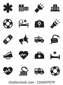 Set of vector isolated black icon - hose vector, heart pulse, doctor case, patch, ambulance star, car, hospital bed, loudspeaker, torch, crisis management