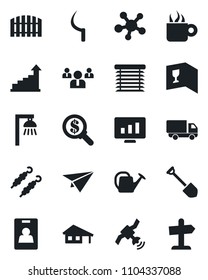 Set of vector isolated black icon - growth statistic vector, team, job, monitor, watering can, sickle, car delivery, satellite, share, identity card, house with garage, fence, wine, coffee, kebab