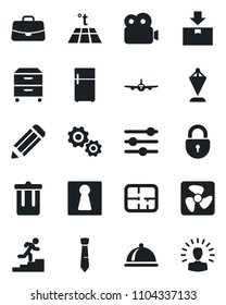 Set of vector isolated black icon - trash bin vector, female, plane, lock, case, pennant, pencil, package, tuning, video, tie, archive box, career ladder, plan, dish, fan, warm floor, fridge, gear