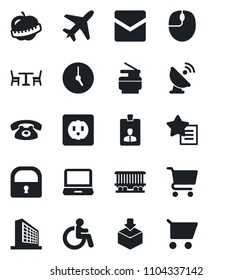 Set of vector isolated black icon - plane vector, cafe, disabled, office building, identity card, mouse, diet, railroad, package, satellite antenna, laptop pc, favorites list, clock, mail, lock