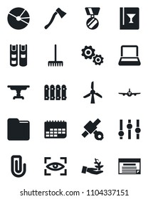 Set of vector isolated black icon - plane vector, medal, rake, axe, satellite, term, settings, folder, paper clip, pie graph, notebook pc, book, fence, table, wine card, eye scan, windmill, gear