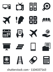Set of vector isolated black icon - plane vector, waiting area, passport, calculator, office binder, presentation board, document, ladder, mobile, calendar, folder, paper tray, estate search, tv, pc