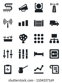 Set of vector isolated black icon - antenna vector, bed, seedling, drip irrigation, pulse clipboard, car delivery, container, sorting, loudspeaker, settings, menu, tuning, scanner, face id, contract
