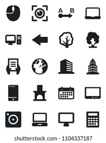 Set of vector isolated black icon - left arrow vector, office building, mouse, document, tree, fireplace, term, route, tv, cell phone, monitor, laptop pc, mobile camera, notebook, eye scan, earth