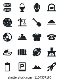 Set of vector isolated black icon - parking vector, reception bell, ticket office, job, circle chart, fence, butterfly, joint, reel, microphone, battery, pond, mountains, fireplace, crane, phone
