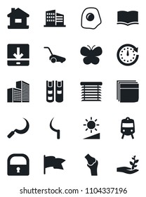 Set of vector isolated black icon - train vector, book, lawn mower, butterfly, sickle, joint, download, brightness, lock, office building, blank box, house, omelette, jalousie, clock, flag