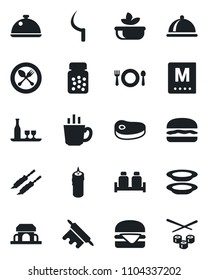 Set of vector isolated black icon - spoon and fork vector, sickle, pills bottle, dish, alcohol, cafe, menu, coffee, salad, plates, salt pepper, building, candle, steak, kebab, hamburger, rolling pin