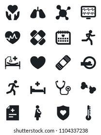 Set of vector isolated black icon - heart vector, pulse, monitor, diagnosis, molecule, stethoscope, patch, tomography, run, shield, hospital bed, hand, lungs, broken bone, medical calendar