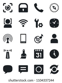 Set of vector isolated black icon - antenna vector, mobile, call, message, themes, user, clock, record, calendar, wireless, compass, lock, face id, eye, music, root setup, update
