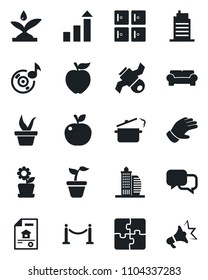 Set of vector isolated black icon - fence vector, checkroom, growth statistic, seedling, glove, satellite, dialog, music, application, estate document, office building, cushioned furniture
