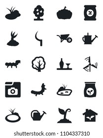 Set of vector isolated black icon - tree vector, watering can, wheelbarrow, sproute, sickle, pumpkin, caterpillar, pond, fertilizer, photo gallery, windmill, fruit, alcohol, eco house