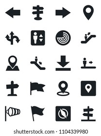 Set of vector isolated black icon - elevator vector, escalator, right arrow, left, wind, radar, route, signpost, pin, download, place tag, compass, flag, guidepost