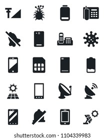 Set of vector isolated black icon - mobile phone vector, virus, satellite antenna, cell, low battery, back, sim, mute, cellular signal, office, sun panel