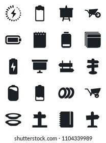 Set of vector isolated black icon - signpost vector, notepad, presentation board, wheelbarrow, battery, low, charge, blank box, plates, guidepost