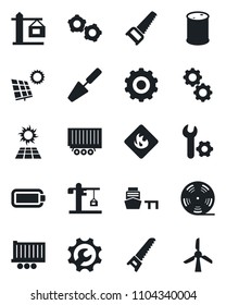 Set of vector isolated black icon - gear vector, trowel, saw, truck trailer, sea port, flammable, oil barrel, reel, battery, root setup, sun panel, crane, windmill