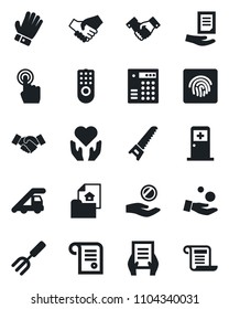 Set of vector isolated black icon - ladder car vector, medical room, handshake, document, garden fork, glove, saw, heart hand, touch screen, fingerprint id, estate, remote control, combination lock
