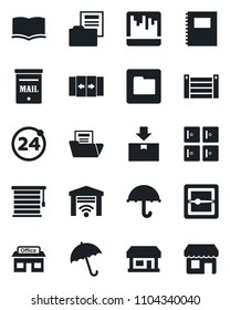 Set of vector isolated black icon - 24 around vector, automatic door, umbrella, checkroom, book, store, container, package, scanner, folder, copybook, document, mailbox, jalousie, storefront