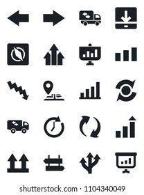 Set of vector isolated black icon - signpost vector, right arrow, left, growth statistic, crisis graph, route, navigation, up side sign, sorting, update, download, compass, bar, moving, clock