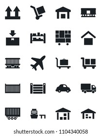 Set of vector isolated black icon - plane vector, baggage trolley, railroad, truck trailer, cargo container, car delivery, sea port, consolidated, warehouse storage, up side sign, package, rack