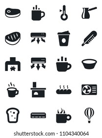 Set of vector isolated black icon - hot cup vector, coffee, fireplace, thermometer, air conditioner, bread, steak, bowl, turkish, balloon