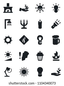 Set of vector isolated black icon - sun vector, bulb, fire, torch, brightness, desk lamp, fireplace, beer, candle, smoke detector, outdoor, alarm led, palm sproute