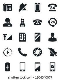 Set of vector isolated black icon - mobile phone vector, office, 24 hours, cell, call, camera, sim, mute, cellular signal, charge, support, home control app
