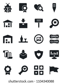 Set of vector isolated black icon - no laptop vector, contract, statistic monitor, lady bug, plant label, heart diagnostic, shield, warehouse, package, search cargo, application, sertificate, flag