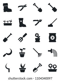 Set of vector isolated black icon - job vector, garden fork, shovel, rake, seedling, watering, pruner, boot, hoe, sickle, fertilizer, flower in pot