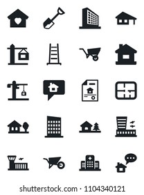 Set of vector isolated black icon - airport building vector, office, shovel, ladder, wheelbarrow, hospital, house, with garage, tree, plan, estate document, sweet home, city, crane, message